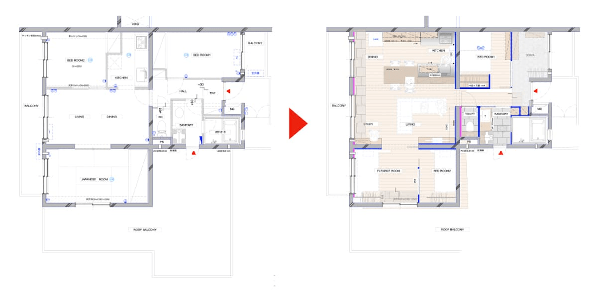 部屋のレイアウトを変更したリノベーション事例　間取り図