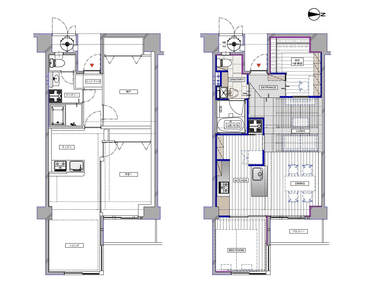 キッチンの家事動線と収納を充実させたリノベーション事例　間取り図