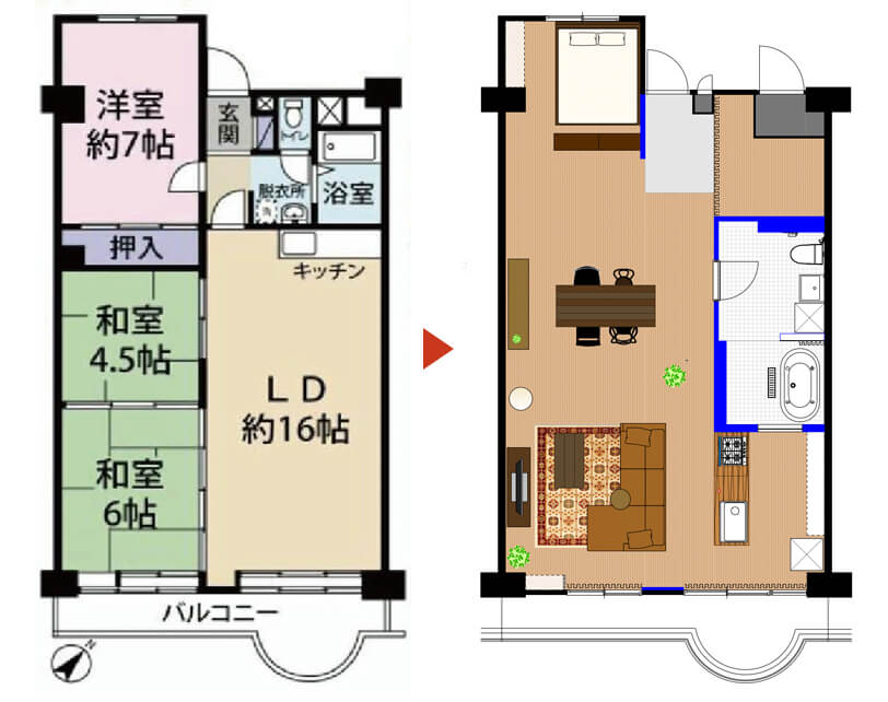 3LDKをワンルームにリノベーションした事例　間取り図