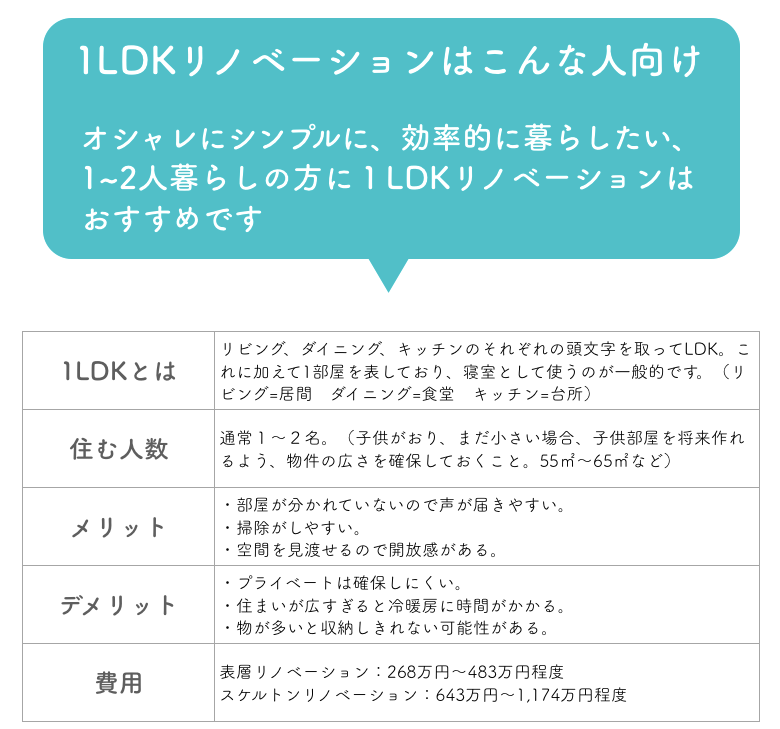 1LDKのリノベーションの特徴