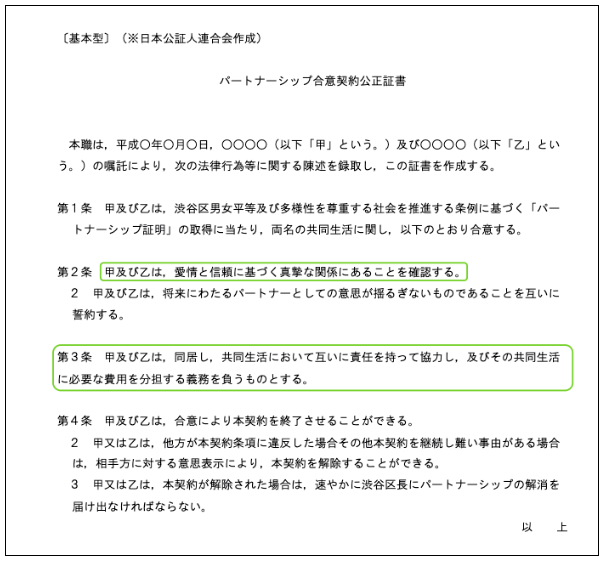 【渋谷区の「パートナーシップ合意契約公正証書」の文例サンプル】