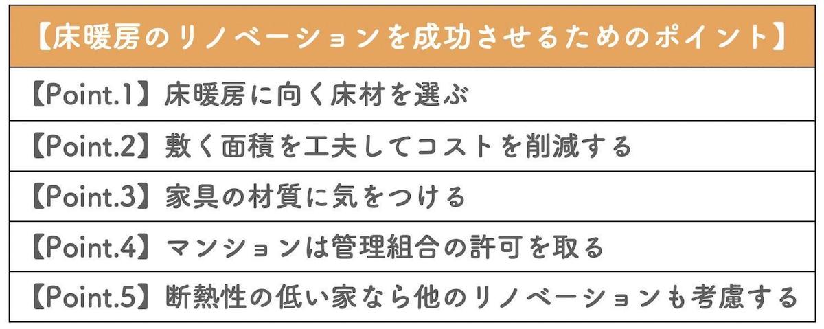 床暖房のリノベーションを成功させるための5つのポイント