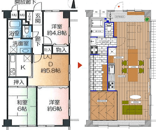 ファミリークローゼットのある部屋の間取り図ビフォーアフター