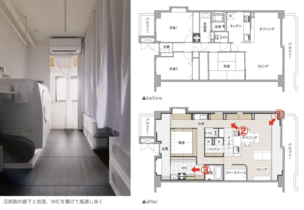 寒さと湿気を解消したリノベーション事例の写真と間取り図
