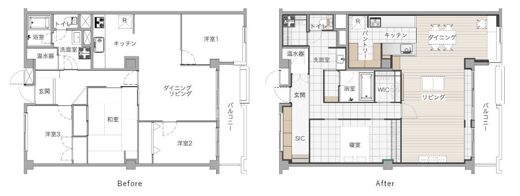 2部屋を取り払って広々リビングを実現_間取り図