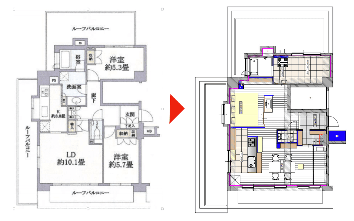 事例①：素材感を重視した風通しのよい空間_間取り図