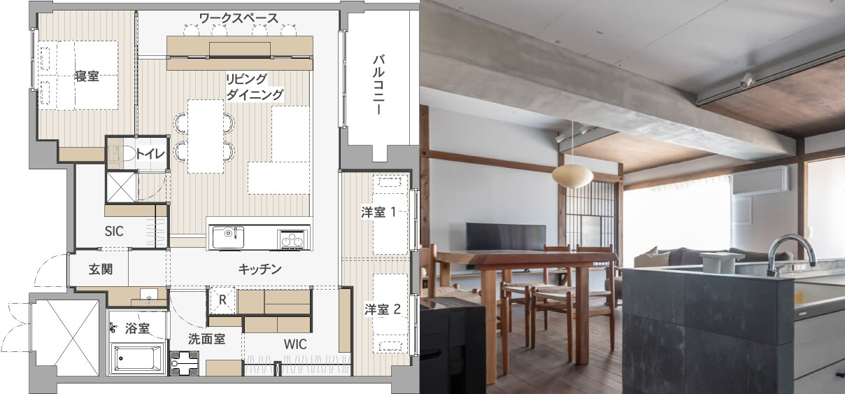 土間が通路の役割になり回廊のように各空間をつなぐ　アフター