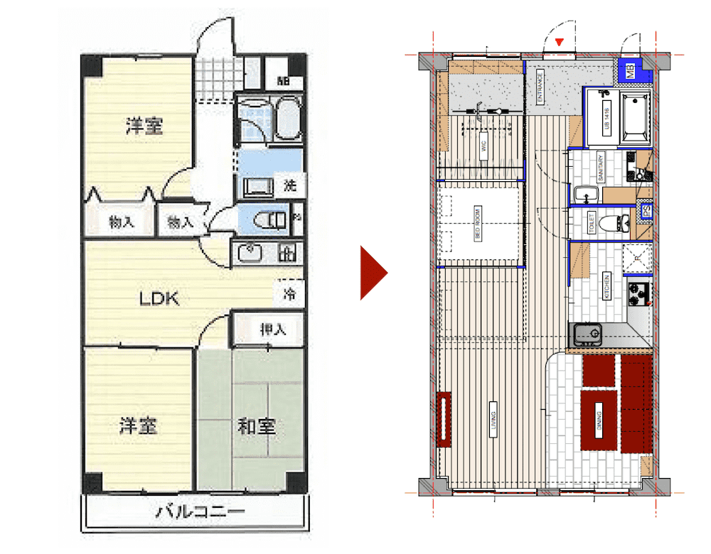 和室をフローリングにしてLDKとつなげ、キッチンを対面型に移動　間取り図