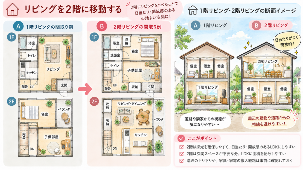 1階リビングと2階リビングの間取り・断面イメージ
