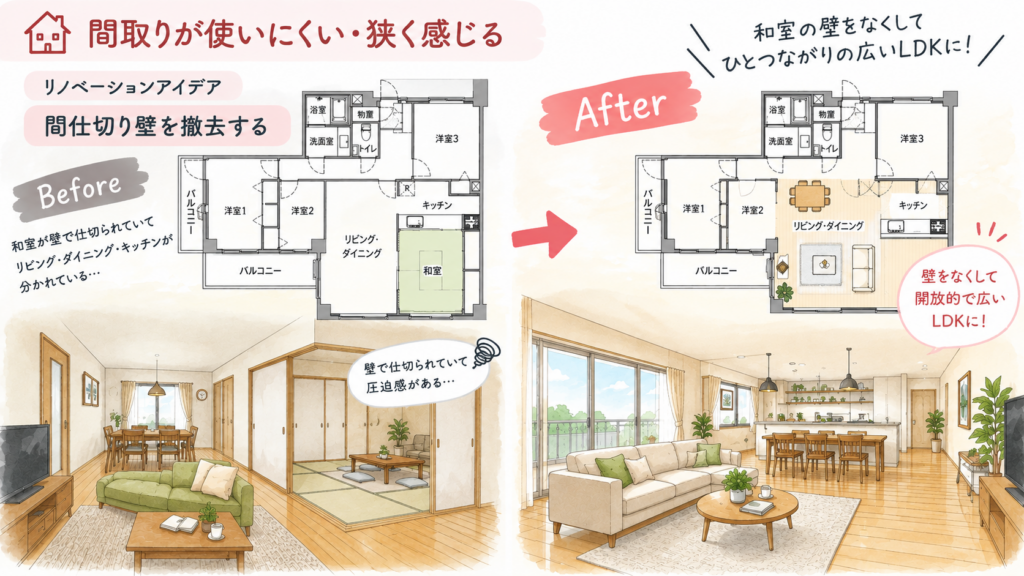 8坪 リノベーションアイデア（間仕切り壁撤去）