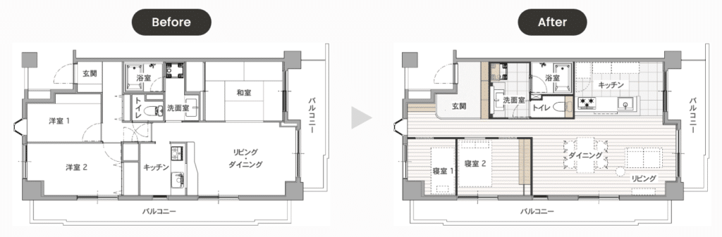 2.マンション事例【寝室をコンパクトにまとめ、広いリビングを実現したスケルトンリフォーム】
