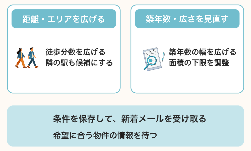 物件が見つからないときに駅からの距離・エリア・築年数・広さを見直し、条件を保存する流れ